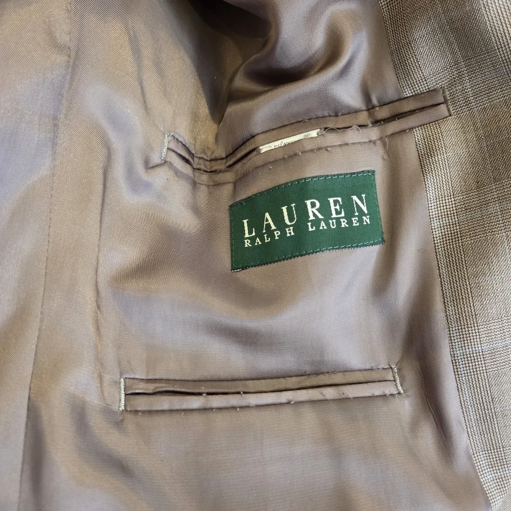 Lauren Ralph Lauren Blazer Men's 100% Wool 42L Tan Beige Glen Plaid Sport Coat